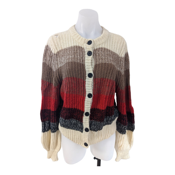 Munthe Sweaters - Munthe Size 40 Medium Nippa Striped Cardigan Red Tan Waffle Knit Wool Alpaca